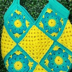 Crochet Tote Bag in Yellow and Teal